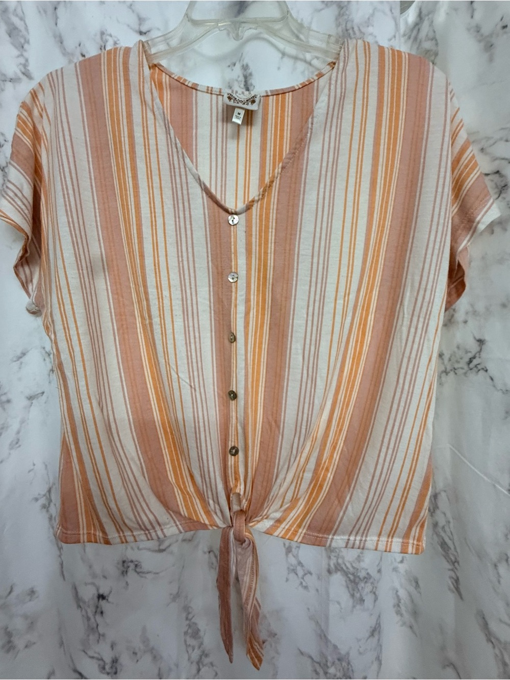 Truself Striped Peach and Cream Button-Front Tie Blouse
